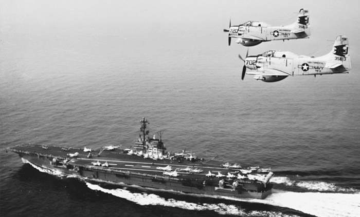 AD-5W_Skyraiders_of_VAW-12_fly_over_USS_Forrestal_25_April_1960