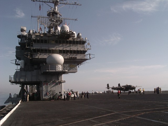 A B25 Mitchell on deck during the shooting of the Pearl Harbor movie