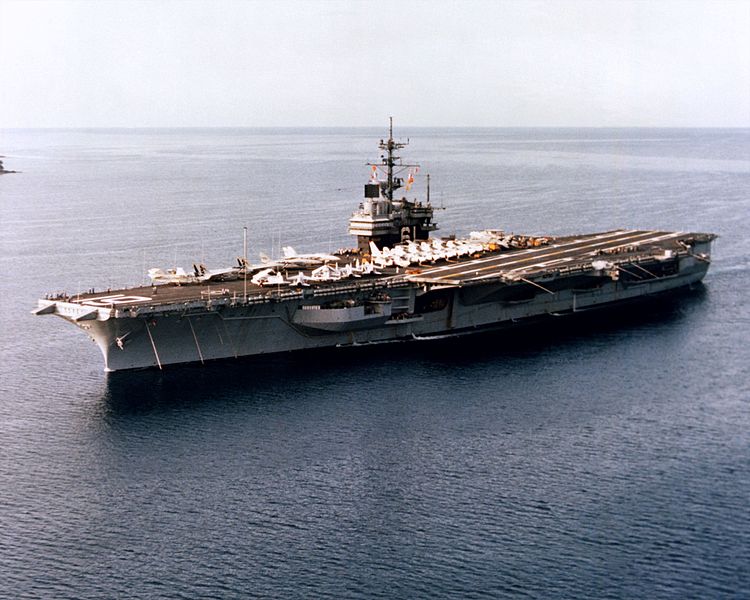 USS Ranger (CV-61) aerial port bow view, 1983