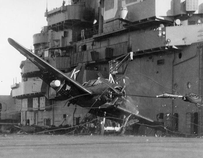 SB2C-5 crashing on USS Kearsage in 1948