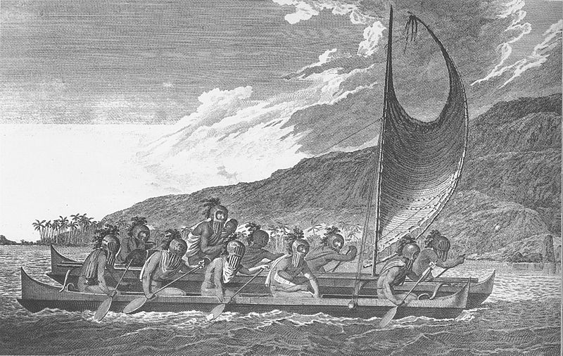 Poynesian Catamaran priests travelling across Kealakekua bay for first contacts rituals