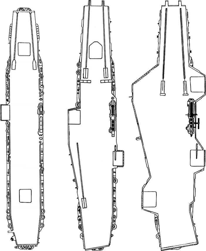 Decks plans showing the successive reconstructions of the flight deck