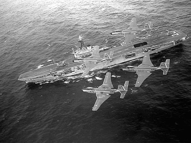 A flight of Banshees above Bonnie in 1958.