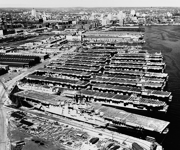USS Leyte CVA-32 and Reserve Fleet escort carriers at the South Boston Naval Annex 25 July 1953