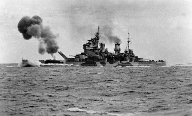 HMS Howe firing her guns for training in 1942