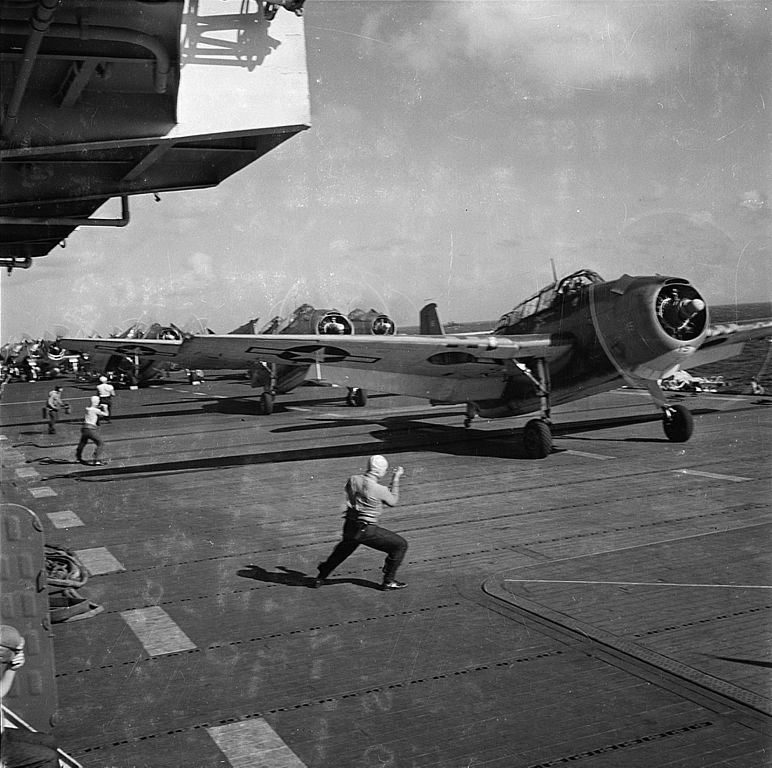 Avengers from VT-28 taking off fril the Independence fleet carrier USS Monterey (CVL-26) in June 1944