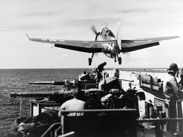 TBM Avenger catapult from USS Makin Island (CVE93), 1944
