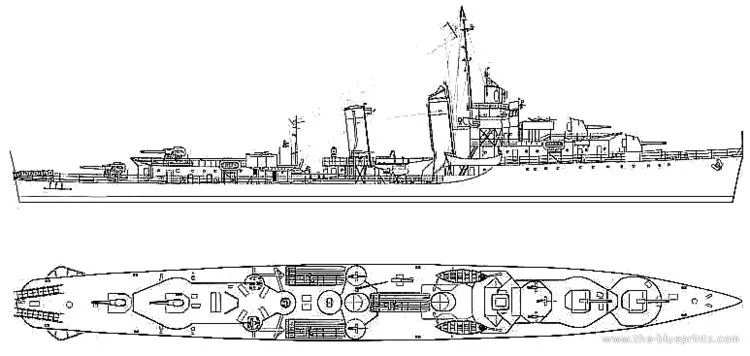 2-view of USS Cushing, showing the position of the torpedo tubes, main and secondary armament in 1942