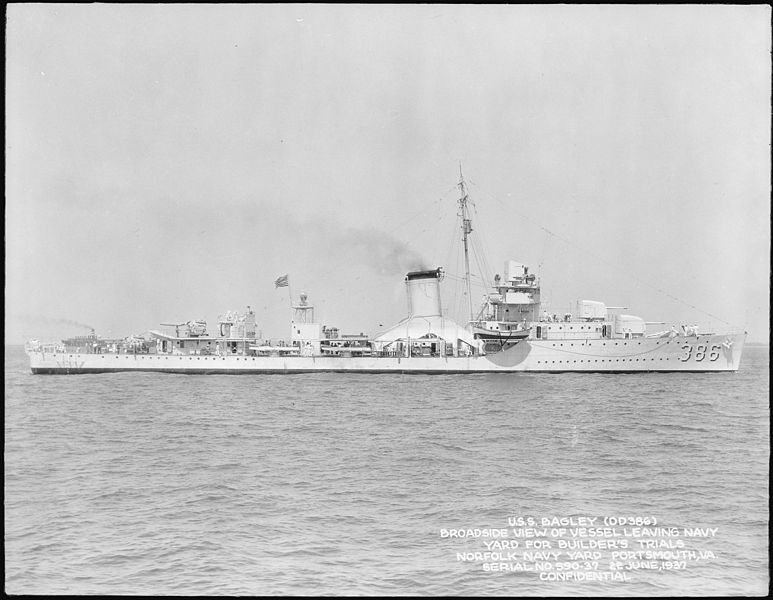 USS Bagley before the war, starboard side, showing the extensive truncating to the single funnel