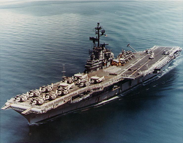 USS Ticonderoga (CVS-14) passing htough the sunds strait on 24 April 1971