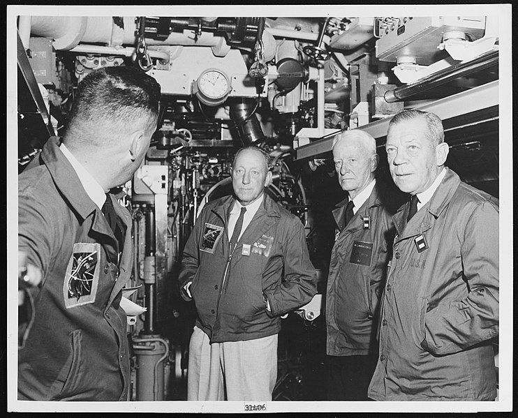 Fleet Admiral CW Nimitz and officers are presented USS nautilis by Capt. Anderson after his exploit