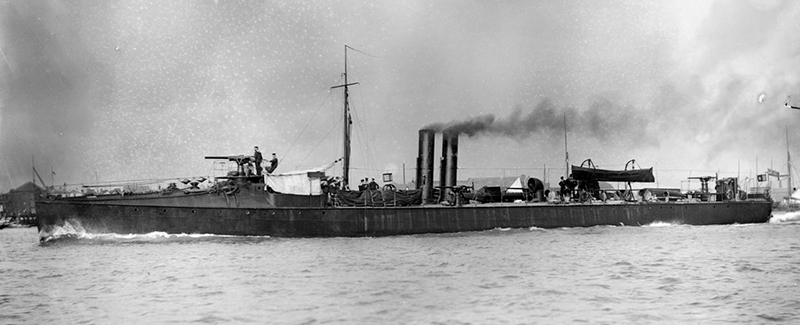 HMS Hasty in sea trials, showing her two narrow tall funnels, loco boilers