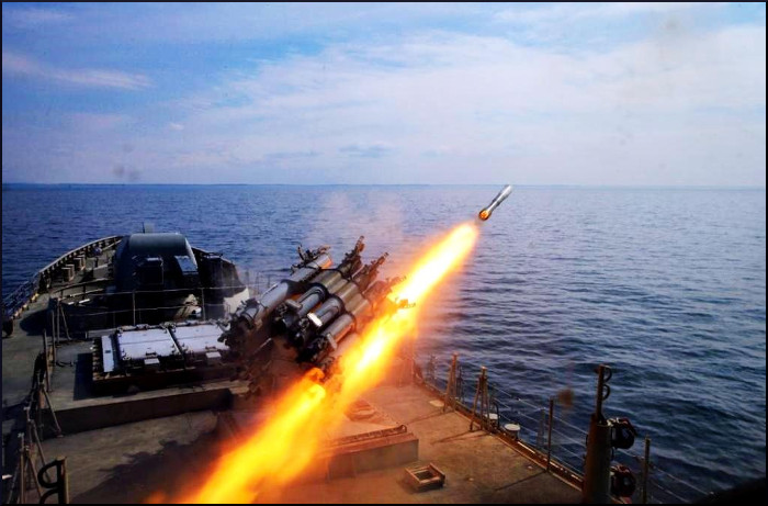 INS Tabar (modified Petya class) firing an RBU rocket