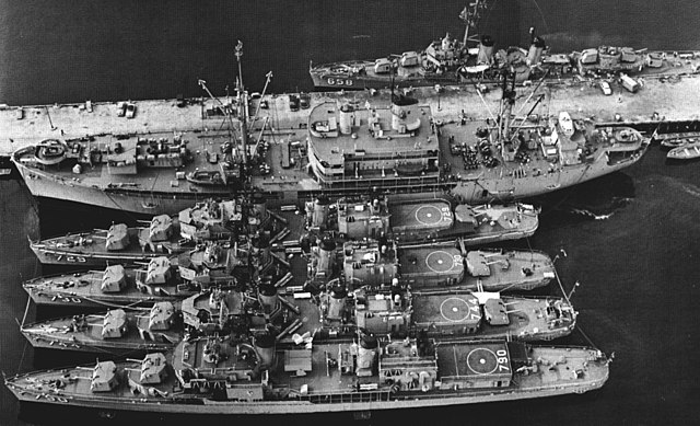 USS Bryce Canyon as AD-36 with other such converted Sumners at Terminal Island in 1962.