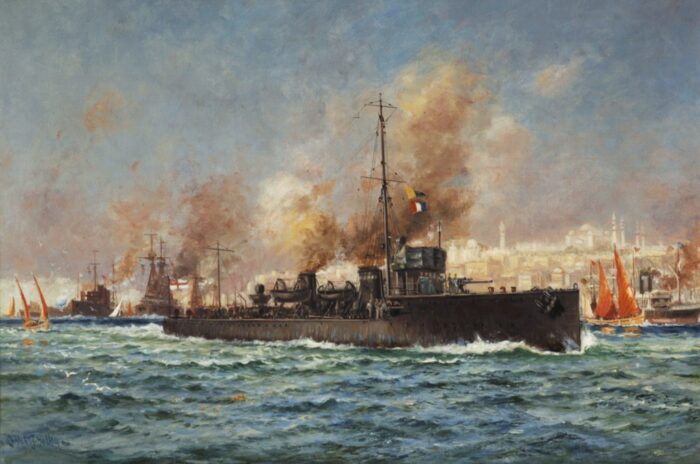 Painting by Charles John De Lacey of HMS Forester off Constantinople.