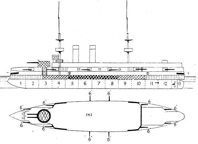 IJN Iki scheme and elevation plan, Brasseys 1907