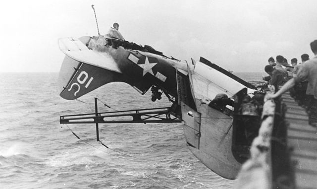 Crashed SB2C-3 Helldiver from VB-7, USS Intrepid, 30 October 1944.