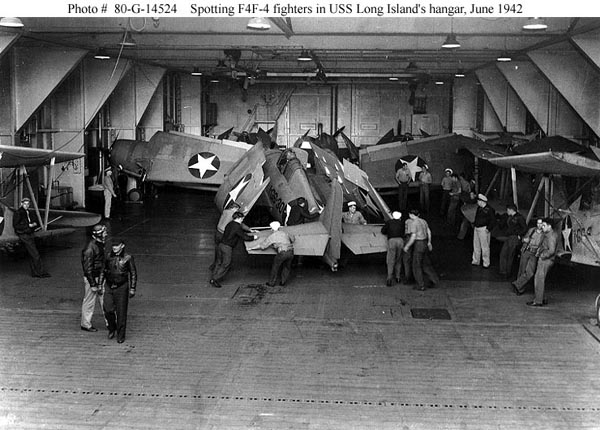 The relatively cramped hangar is evident here, as she carried the nimble F-4F in June 1942 