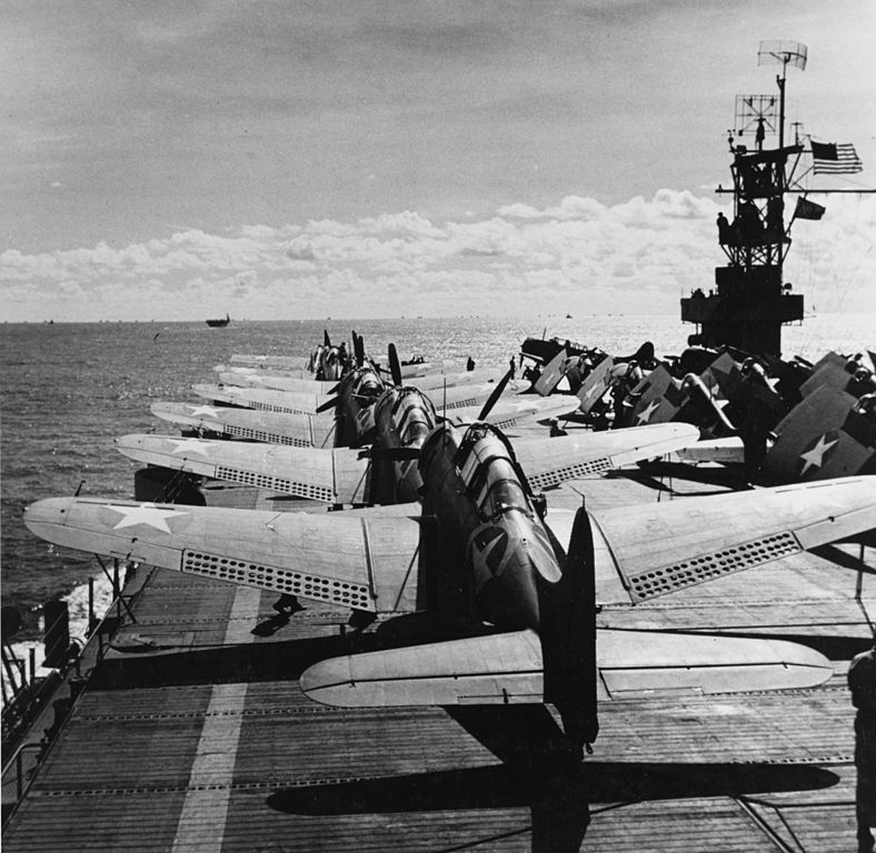 Flight deck of USS Santee, SBDs in November 1942