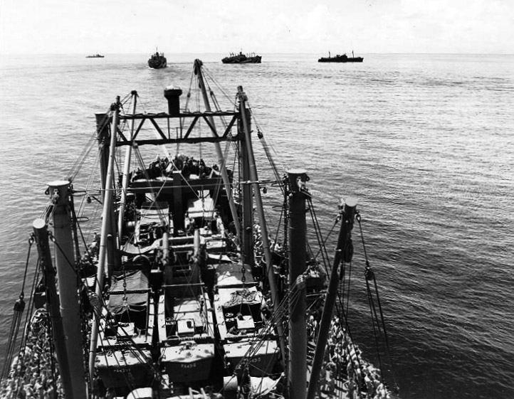 LCVPs on deck of an assault ship off Pavuvu Island