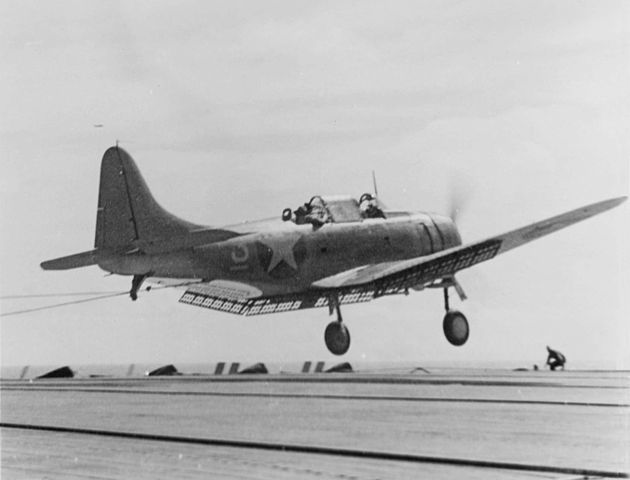 SBD catching wire when landing on USS Essex in 1943