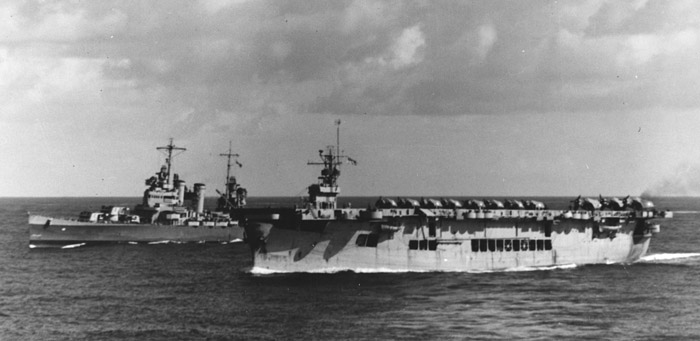USS Brooklyn and USS Suwannee underway in the Atlantic Ocean, early November 1942