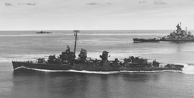 USS Knapp (DD-653) escorts USS Alabama (BB-60) in April 1944