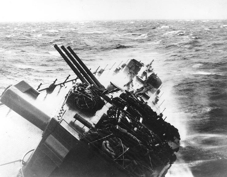USS Santa Fe bow at high angle in Decemember 1944 - Typhoon Cobra